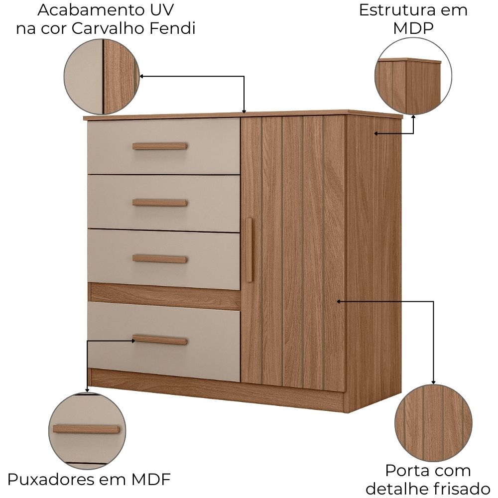 Comoda Venus 4 Gavetas 1 Porta 98 cm Carvalho Fendi Friso Moval