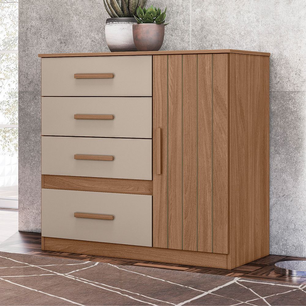 Comoda Venus 4 Gavetas 1 Porta 98 cm Carvalho Fendi Friso Moval