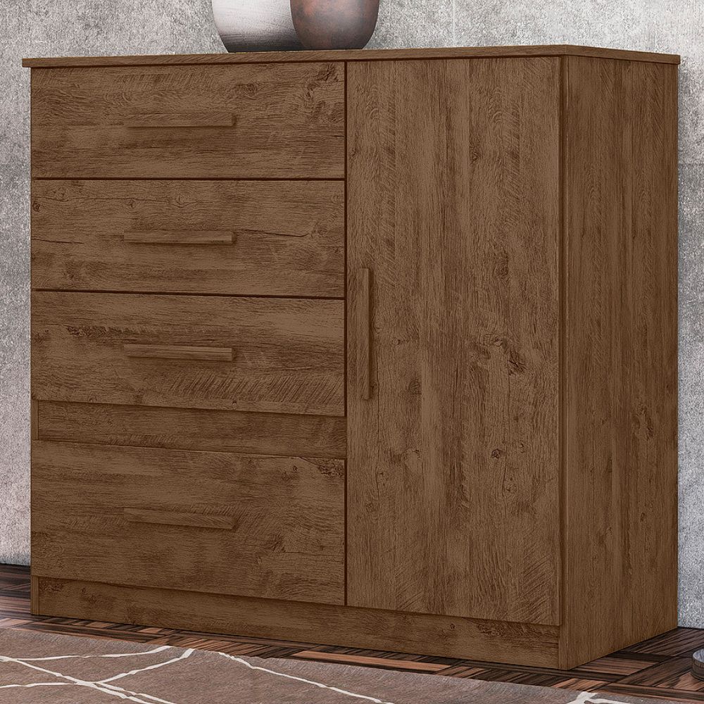 Comoda Venus 4 Gavetas 1 Porta 98 cm Castanho Wood Flex Moval