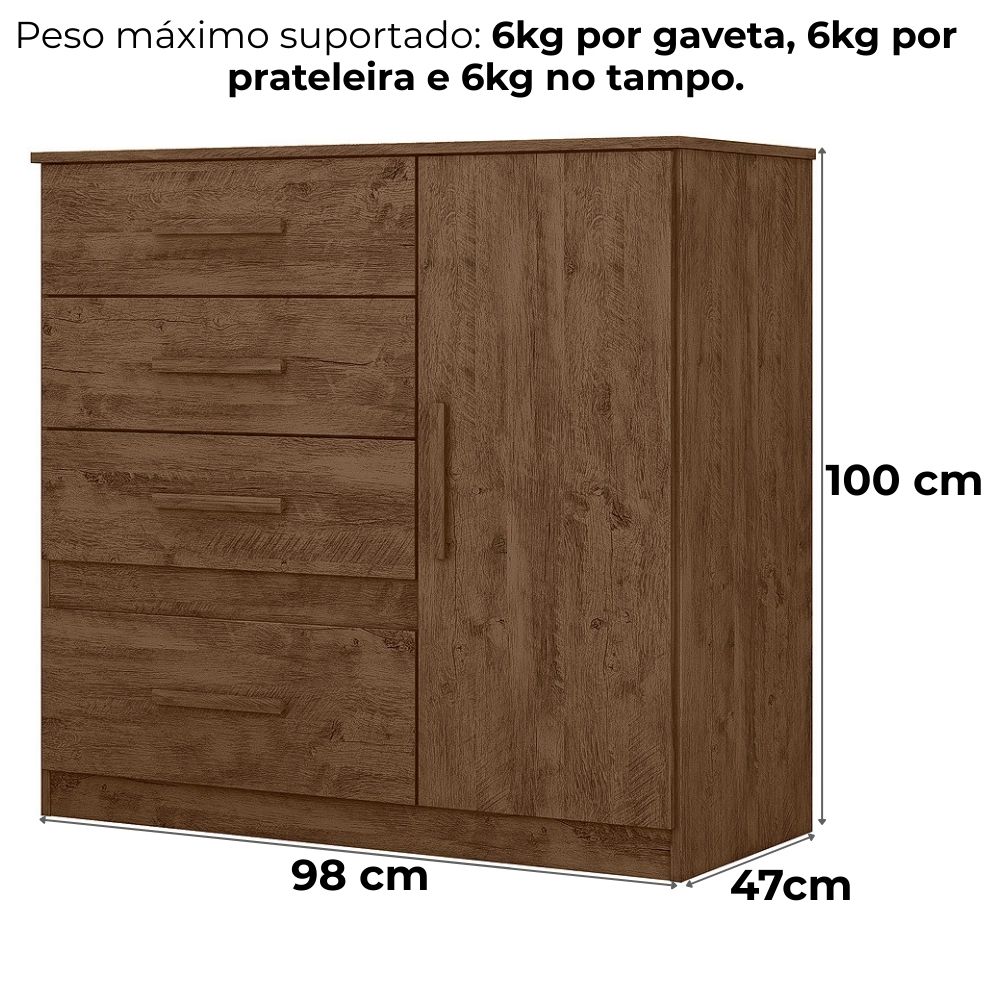 Comoda Venus 4 Gavetas 1 Porta 98 cm Castanho Wood Flex Moval