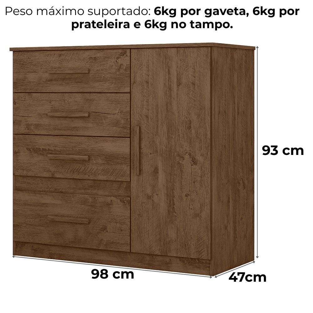 Comoda Venus 4 Gavetas 1 Porta 98 cm Castanho Wood Flex Moval