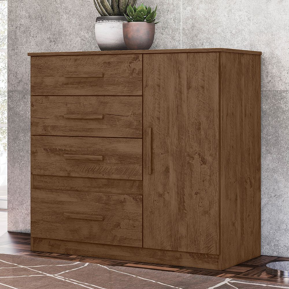 Comoda Venus 4 Gavetas 1 Porta 98 cm Castanho Wood Flex Moval