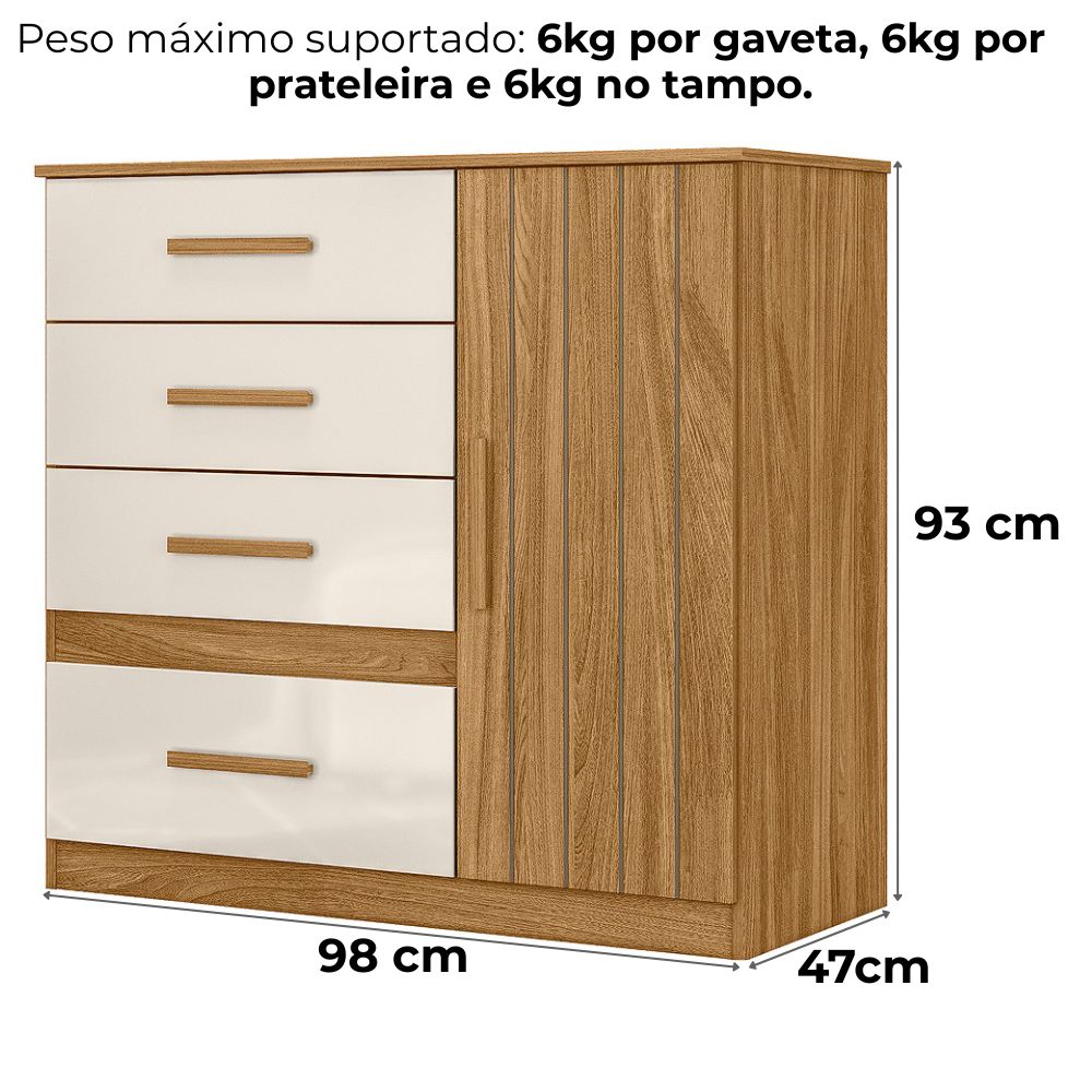 Comoda Venus 4 Gavetas 1 Porta 98 cm Freijo Off White Friso Moval