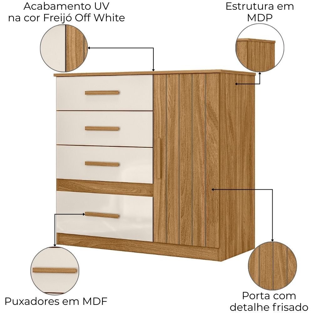 Comoda Venus 4 Gavetas 1 Porta 98 cm Freijo Off White Friso Moval