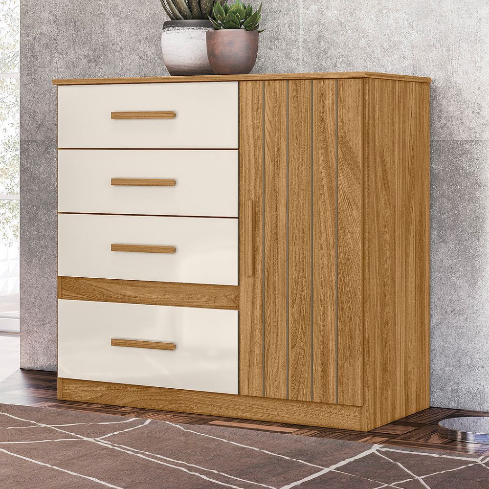 Comoda Venus 4 Gavetas 1 Porta 98 cm Freijo Off White Friso Moval