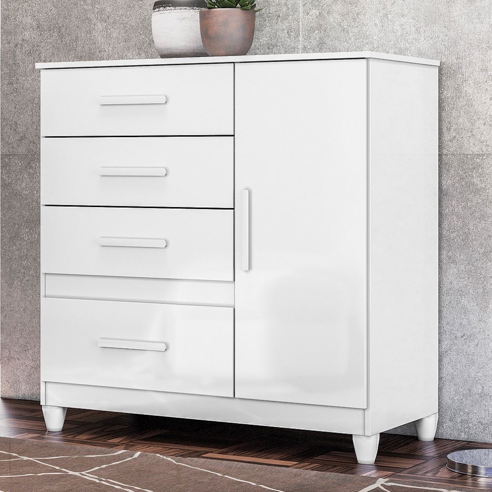 Comoda Venus 4 Gavetas 1 Porta Com Pés 98 cm Branco Flex Moval