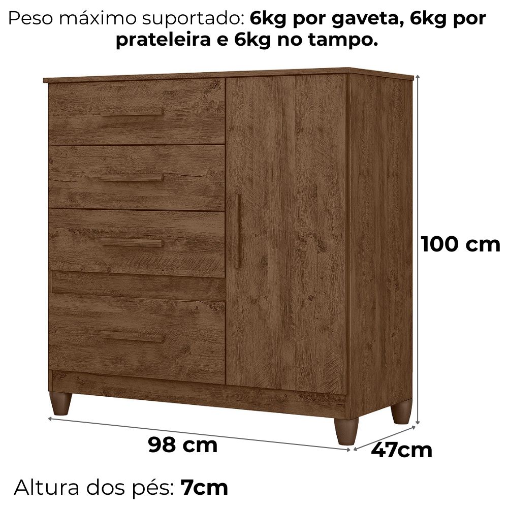 Comoda Venus 4 Gavetas 1 Porta Com Pés 98 cm Castanho Wood Flex Moval