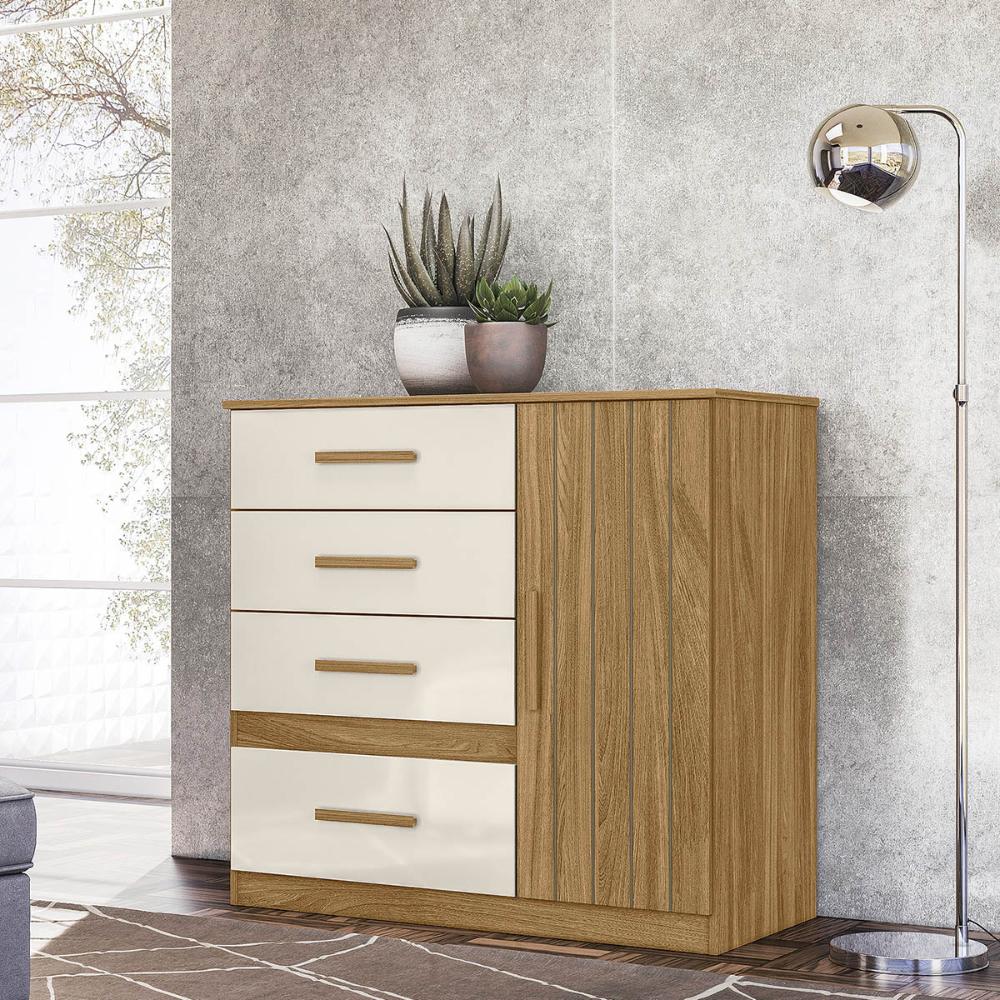 Comoda Venus Quarto com 4 Gavetas e 1 Porta Freijo/Off White/Frisado