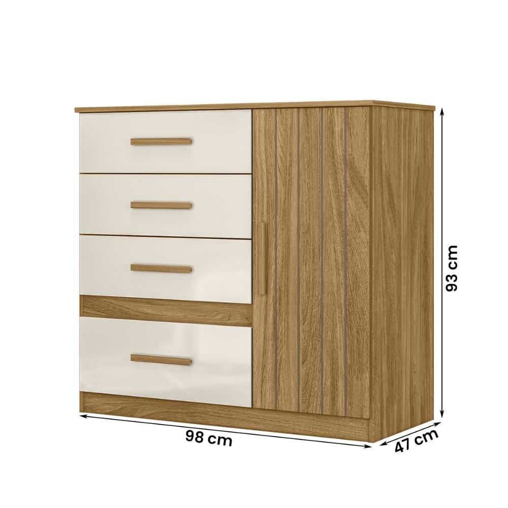Comoda Venus Quarto com 4 Gavetas e 1 Porta Freijo/Off White/Frisado