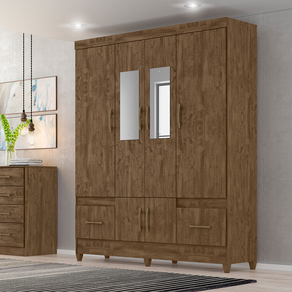 Conjunto Guarda Roupa Com Espelho e Cômoda Gokyo Castanho Wood