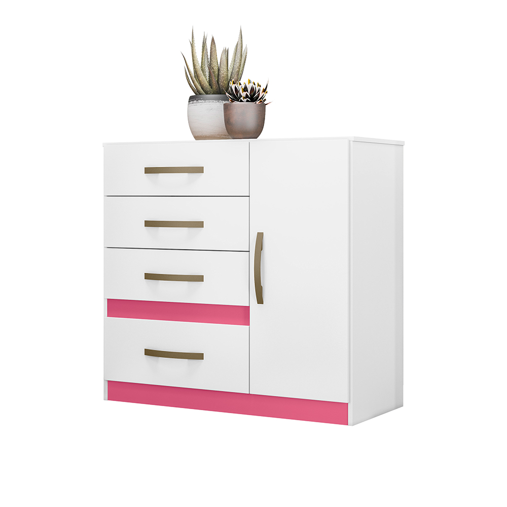 Conjunto Guarda Roupa Com Espelho e Cômoda Petra Branco Rosa Azul Lilás