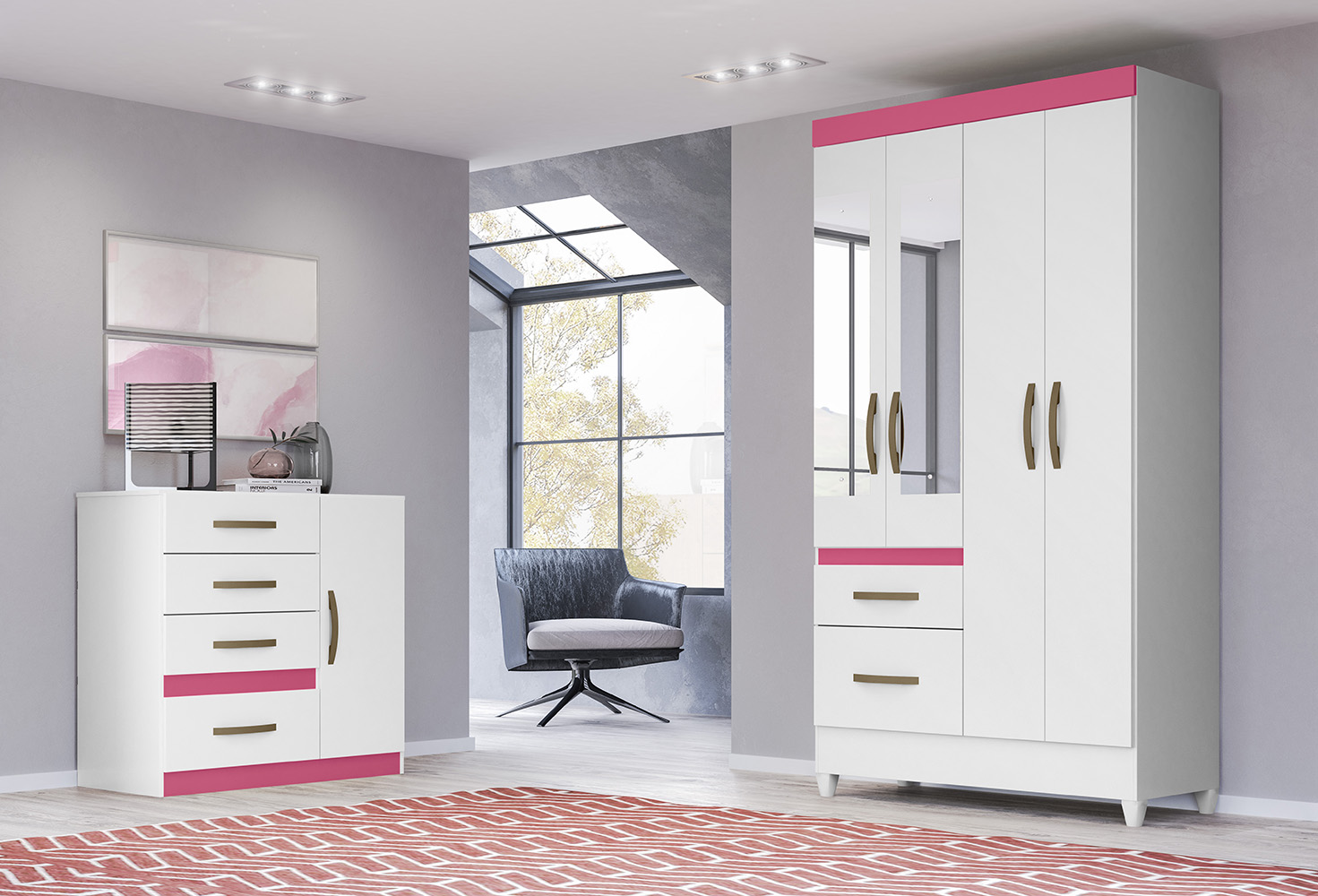 Conjunto Guarda Roupa Com Espelho e Cômoda Petra Branco Rosa Azul Lilás