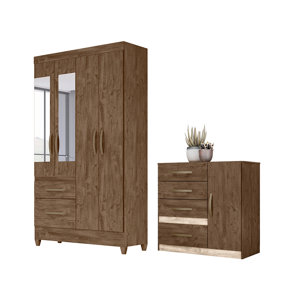 Conjunto Guarda Roupa Com Espelho e Cômoda Petra Castanho Wood Avelã