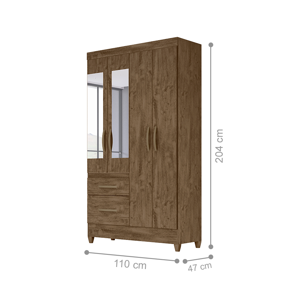Conjunto Guarda Roupa Com Espelho e Cômoda Petra Castanho Wood Avelã