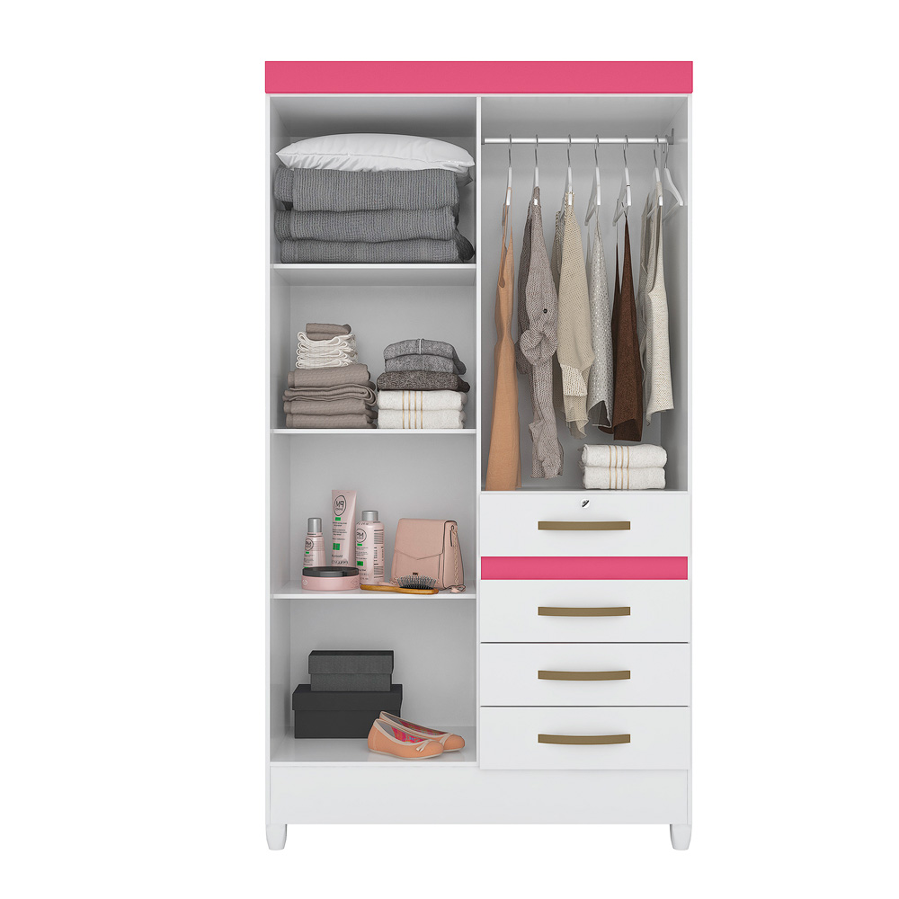 Conjunto Guarda Roupa Com Espelho e Cômoda Seicheles Branco Rosa Azul Lilás