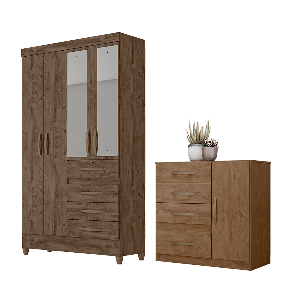Conjunto Guarda Roupa Com Espelho e Cômoda Seicheles Castanho Wood