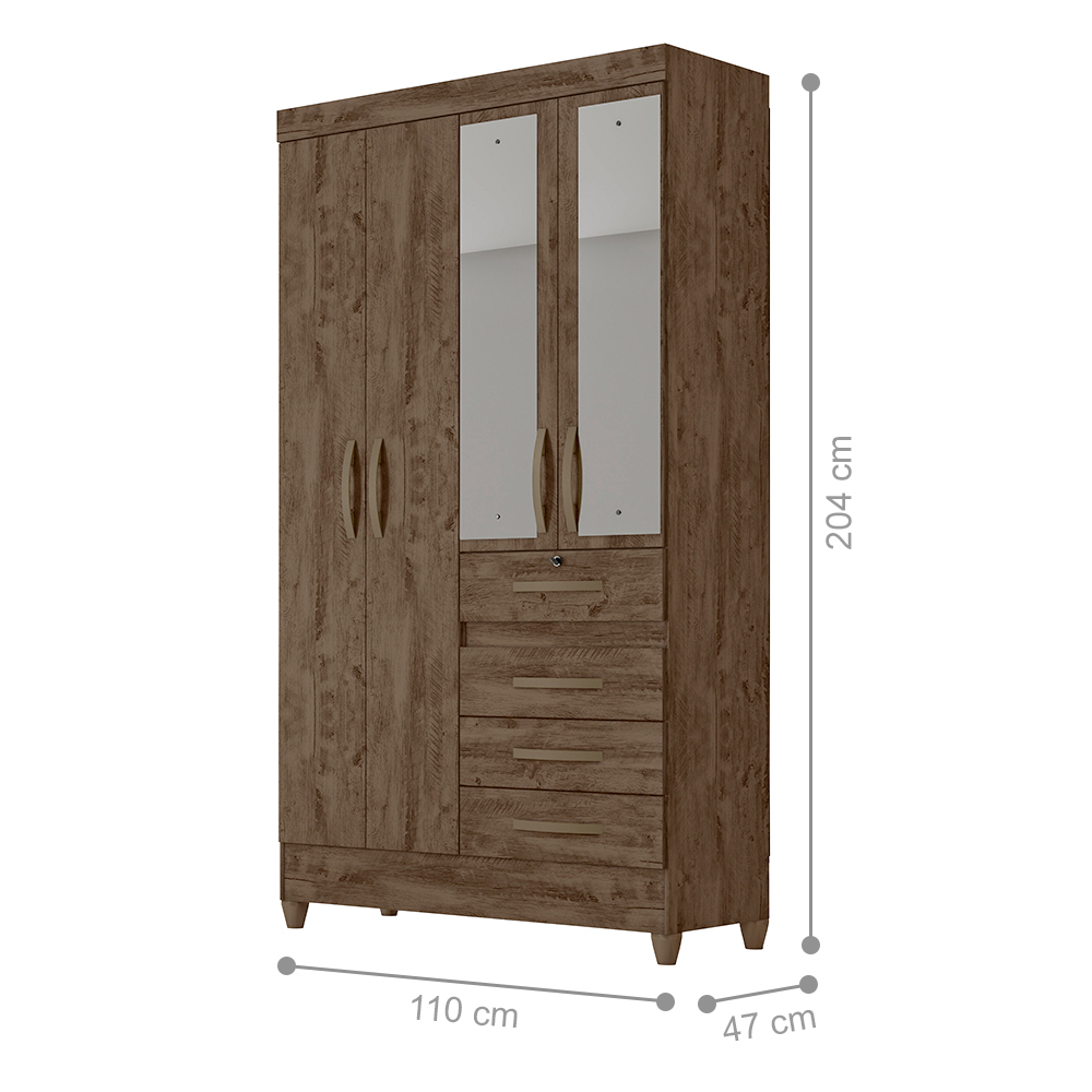 Conjunto Guarda Roupa Com Espelho e Cômoda Seicheles Castanho Wood