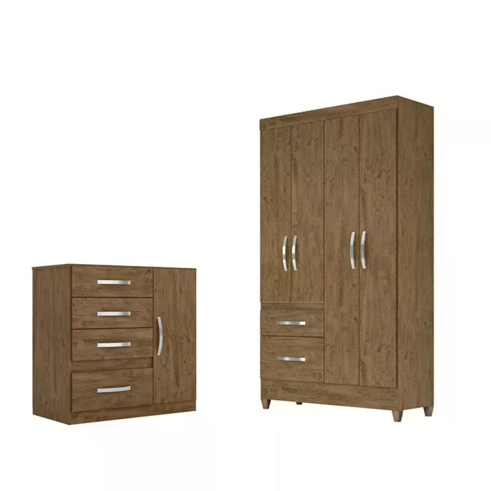 Conjunto Guarda Roupa Madri sem Espelho com Cômoda Vênus - Castanho Wood