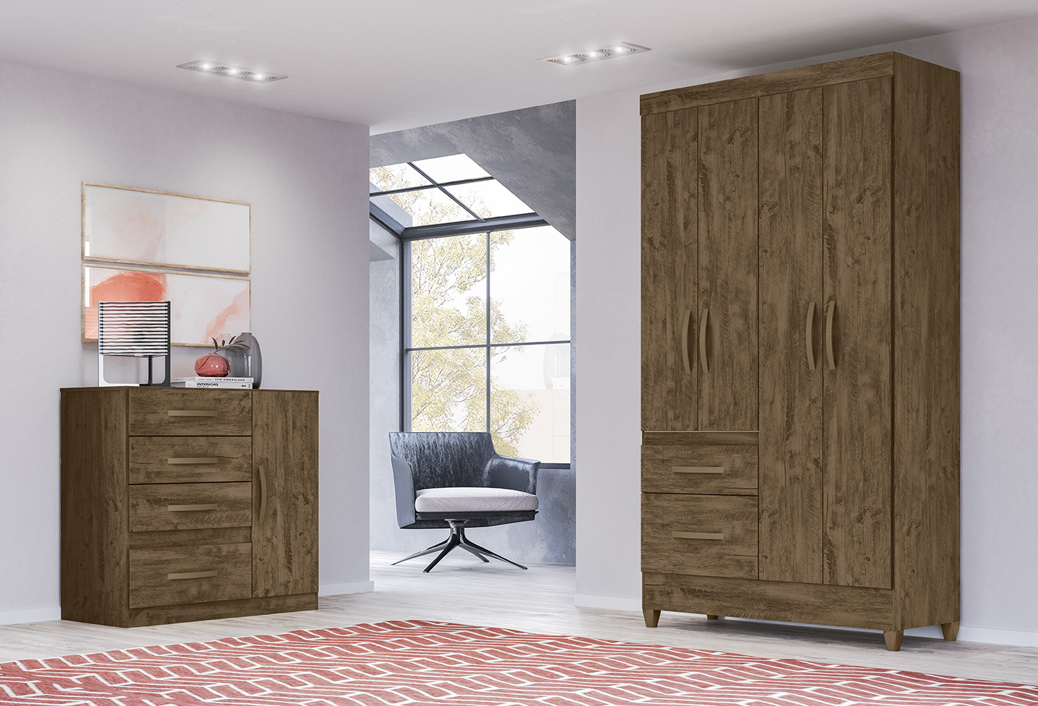 Conjunto Guarda Roupa e Cômoda Petra B Castanho Wood