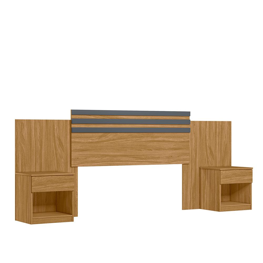 Conjunto de Cabeceira com Mesa de Cabeceira Dhara - Freijo / Cinza / Off White Flex
