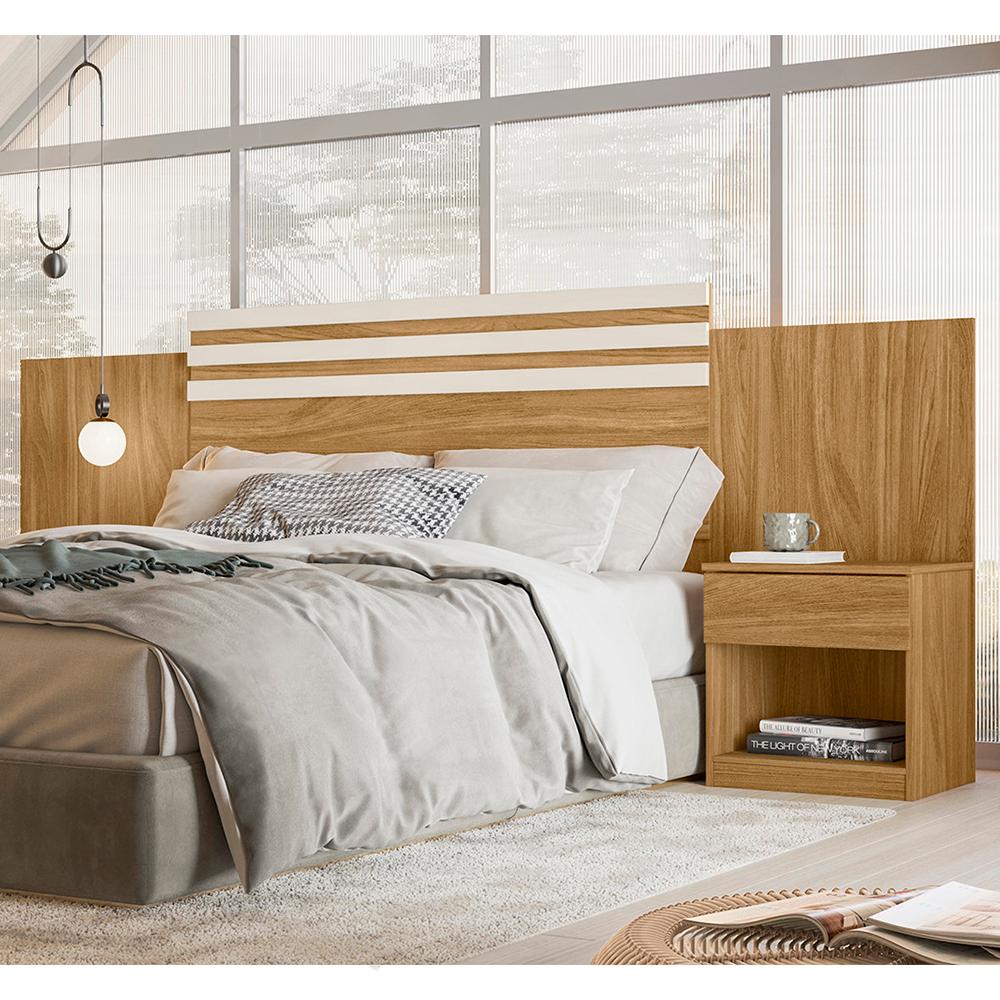 Conjunto de Cabeceira com Mesa de Cabeceira Freijo / Cinza / Off White Flex Dhara - Moval