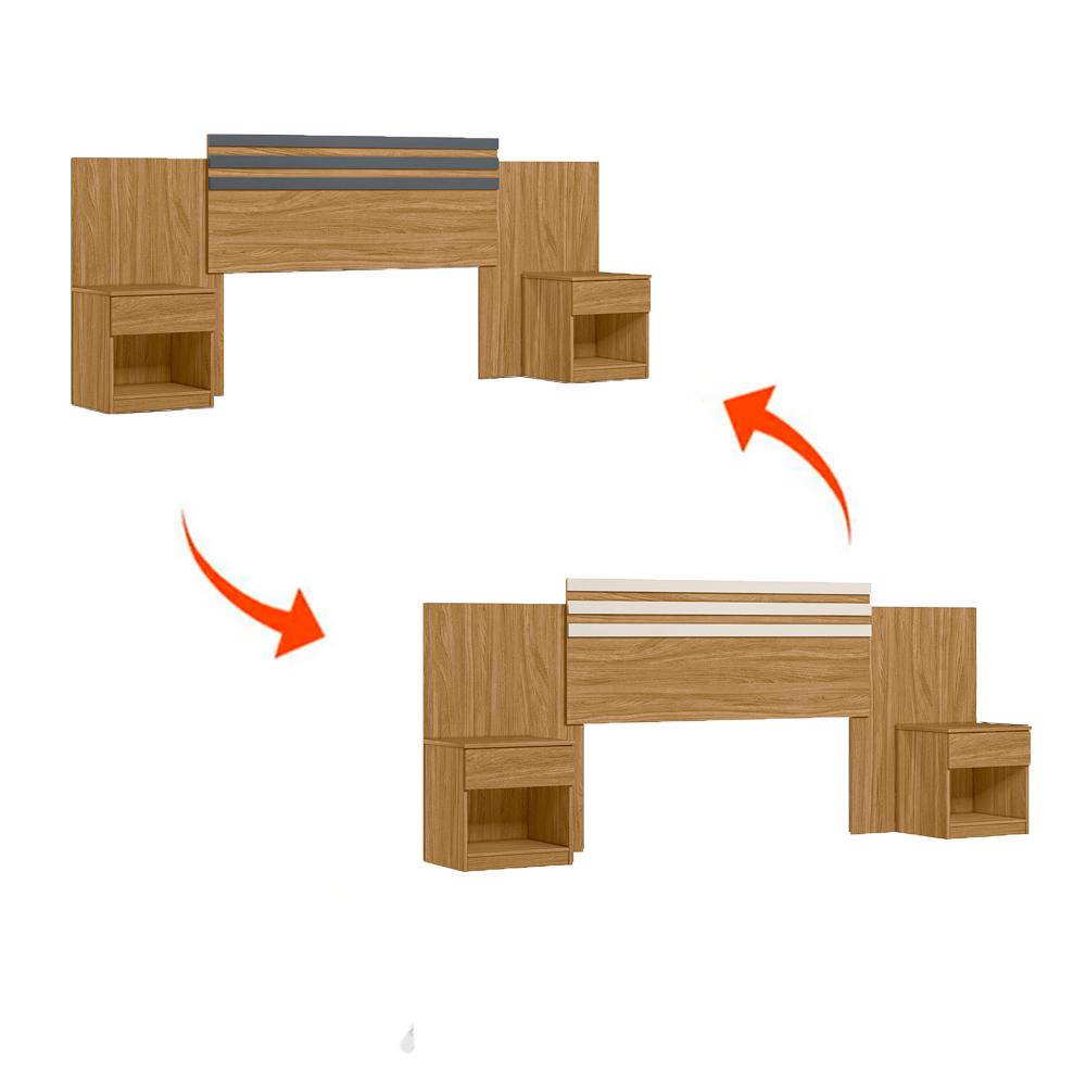 Conjunto de Cabeceira com Mesa de Cabeceira Freijo / Cinza / Off White Flex Dhara - Moval