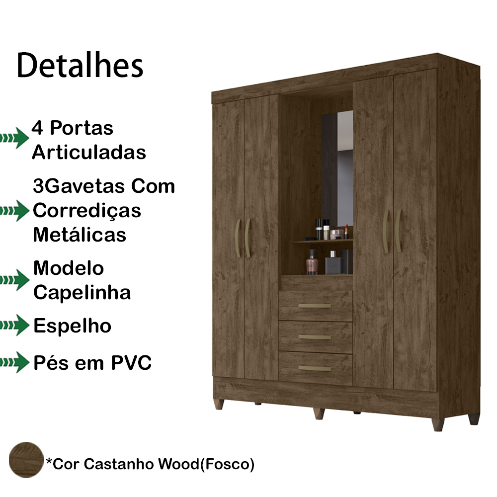 Guarda Roupa 4 Portas Com Espelho 8313 Castanho Wood Moval