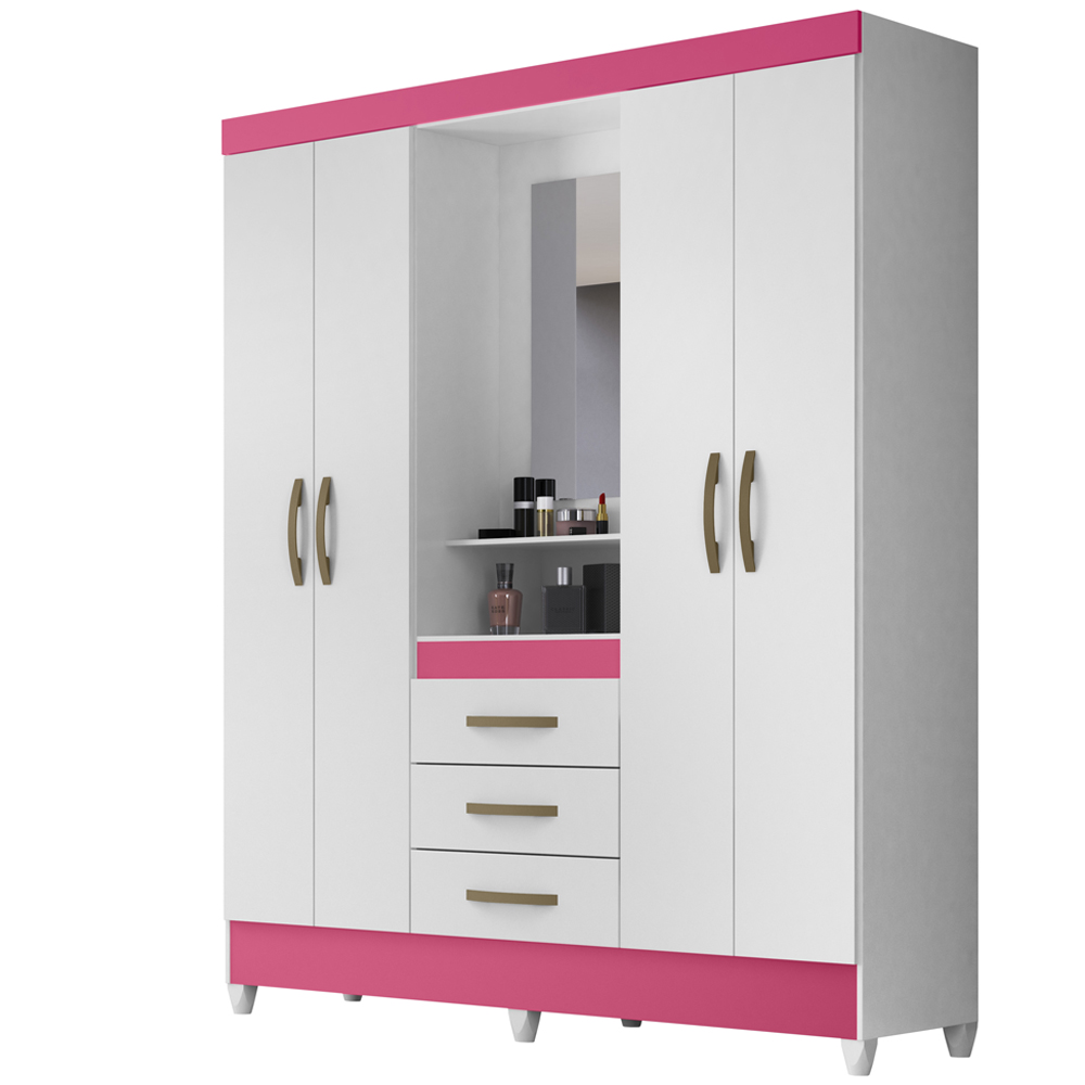 Guarda Roupa 4 Portas Com Espelho 8314 Branco Rosa Moval