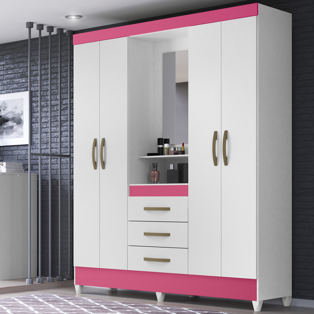 Guarda Roupa 4 Portas Com Espelho 8314 Branco Rosa Moval
