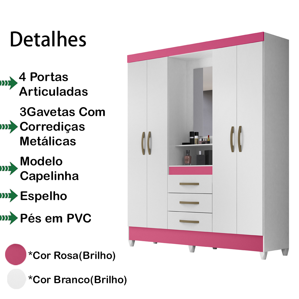 Guarda Roupa 4 Portas Com Espelho 8314 Branco Rosa Moval