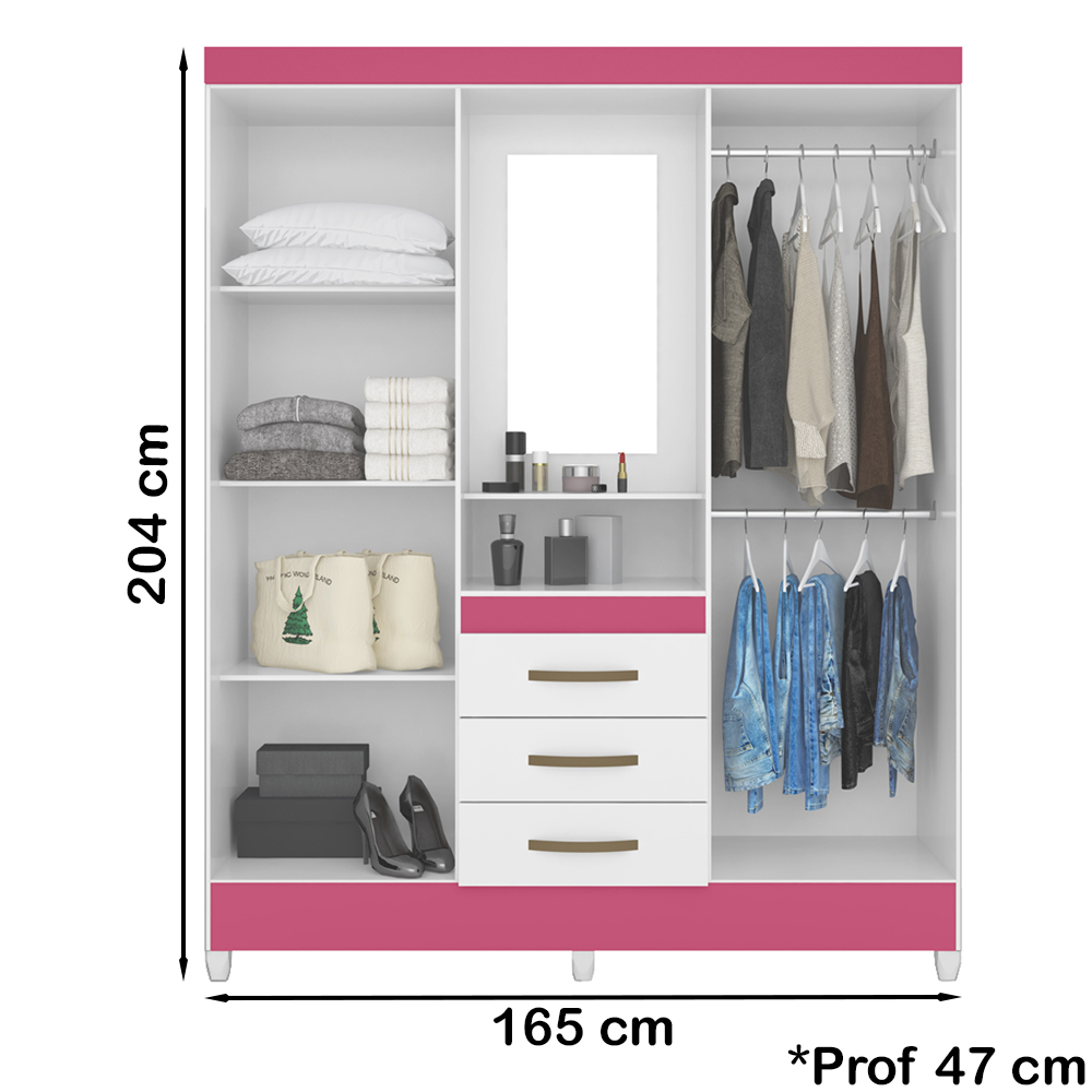 Guarda Roupa 4 Portas Com Espelho 8314 Branco Rosa Moval