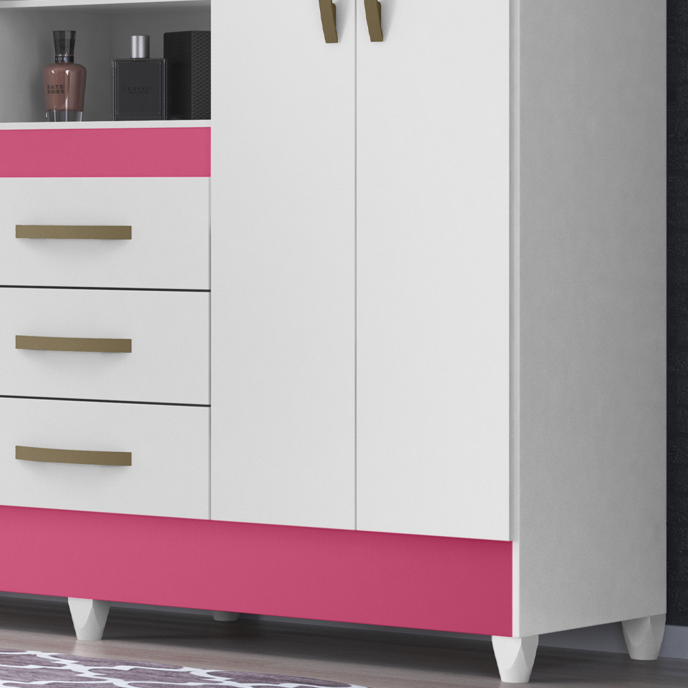 Guarda Roupa 4 Portas Com Espelho 8314 Branco Rosa Moval