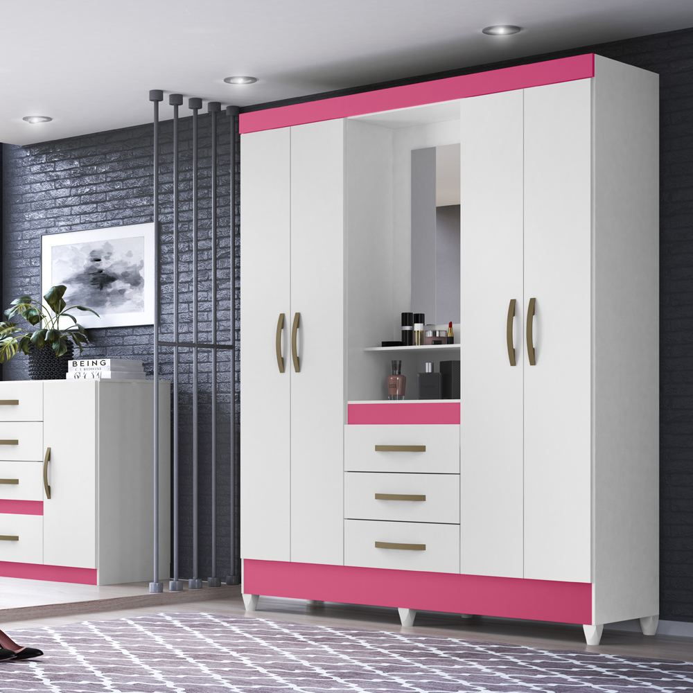 Guarda Roupa 4 Portas Com Espelho 8314 Branco Rosa Moval