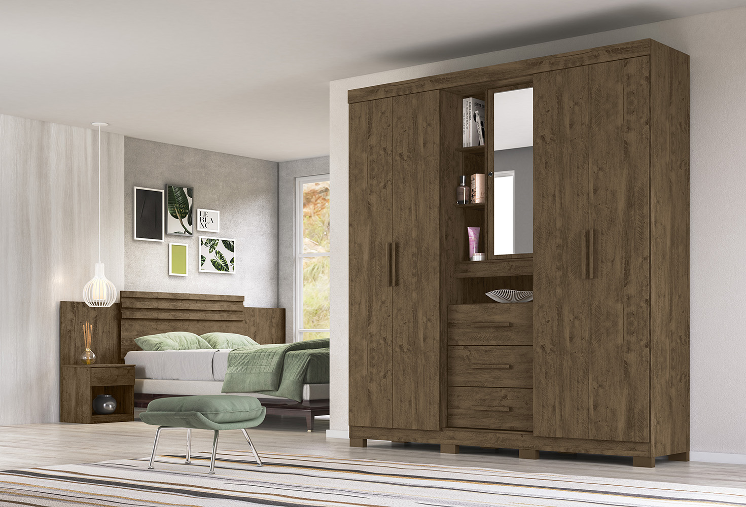 Guarda Roupa 5 Portas Milford Com Espelho Castanho Wood