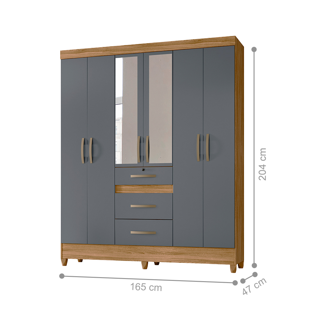 Guarda Roupa 6 Portas Canyon Com Espelho Freijó Cinza