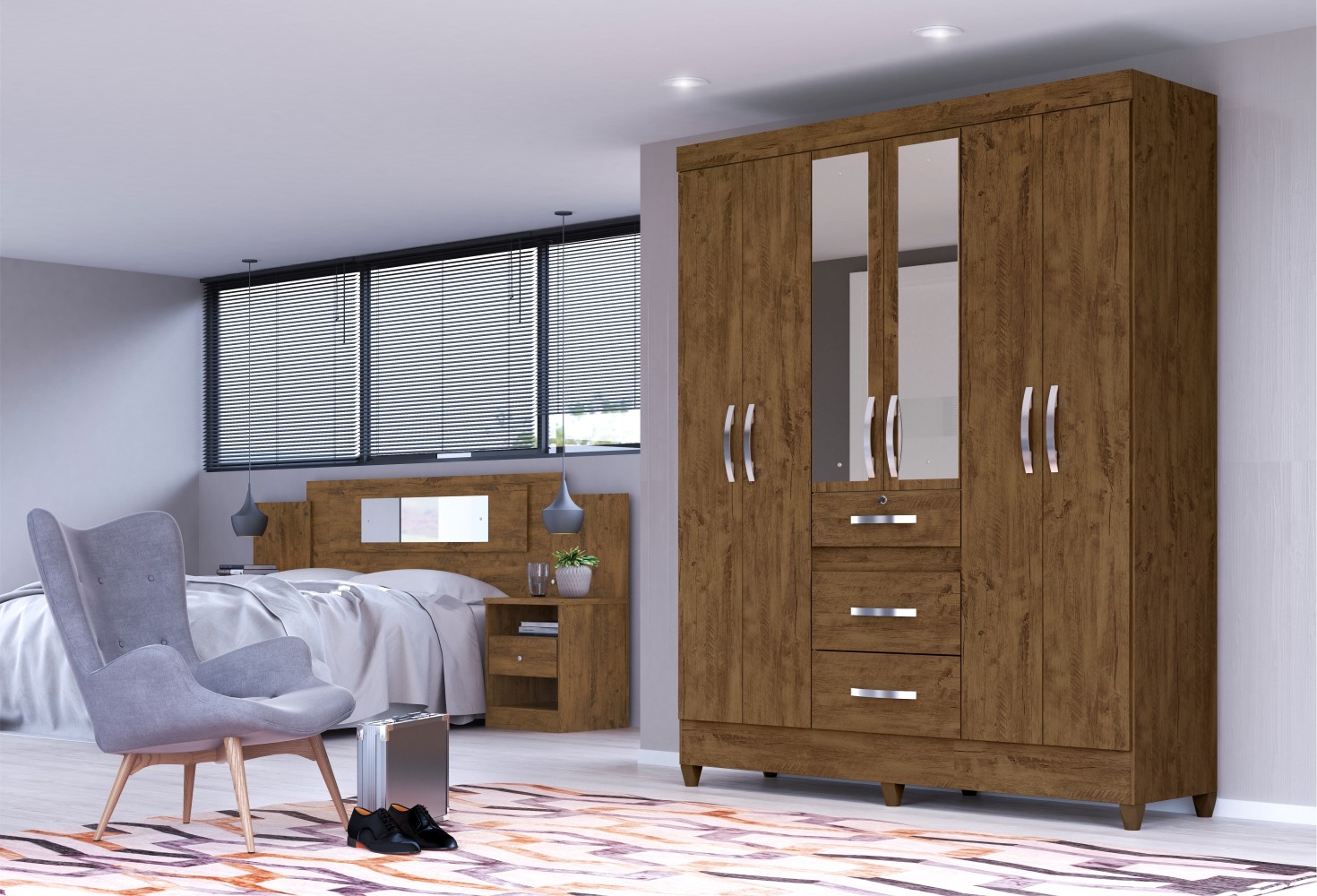 Guarda Roupa 6 Portas Hugh Castanho Wood com Espelho