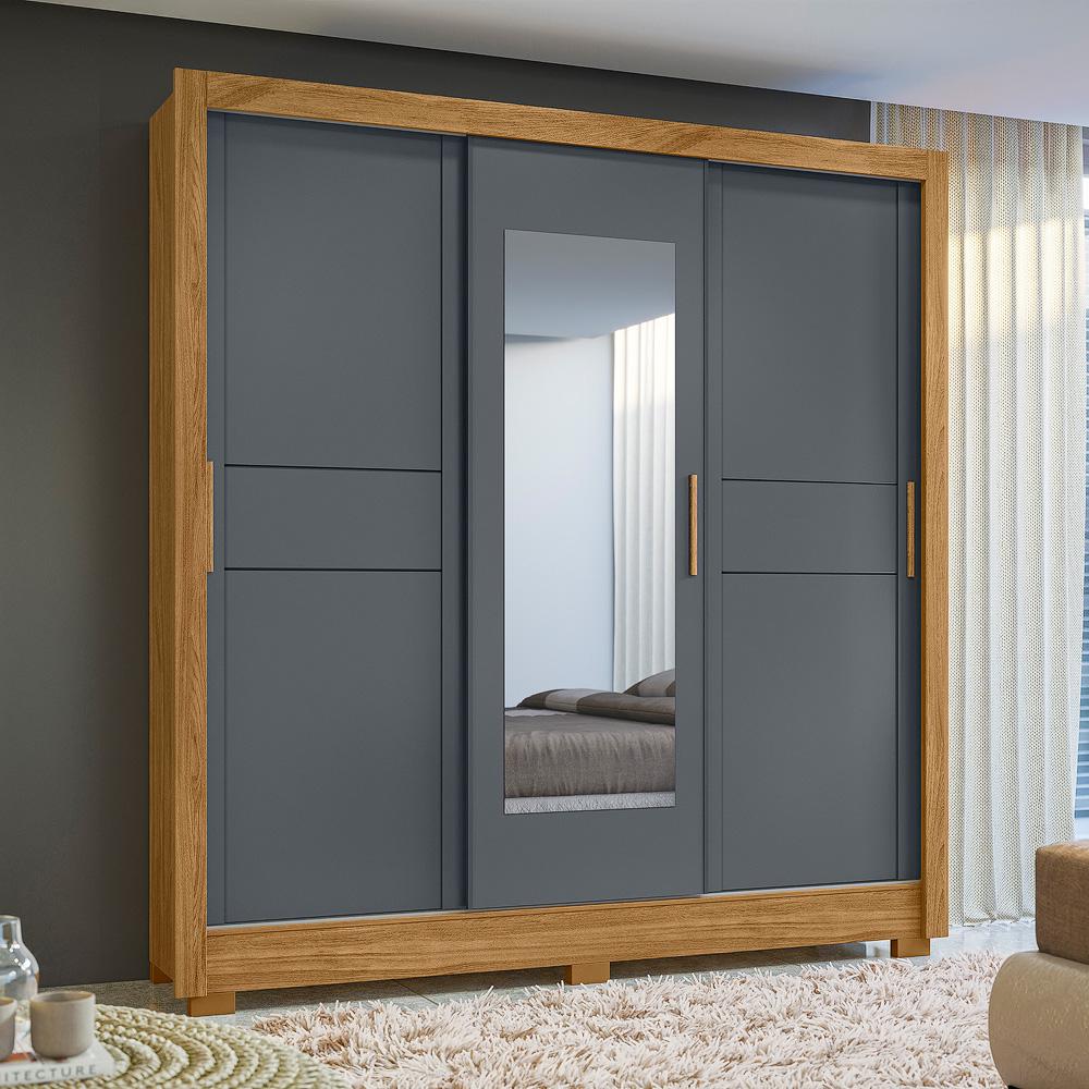 Guarda Roupa Casal 3 Portas Deslizantes com Espelho 2 Gavetas Bahamas - Freijo / Cinza