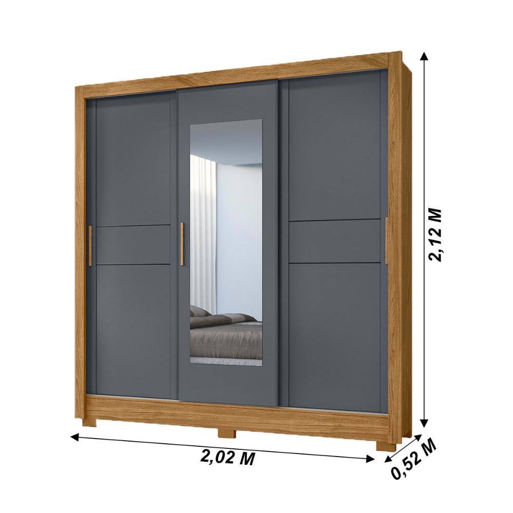 Guarda Roupa Casal 3 Portas Deslizantes com Espelho 2 Gavetas Bahamas - Freijo / Cinza