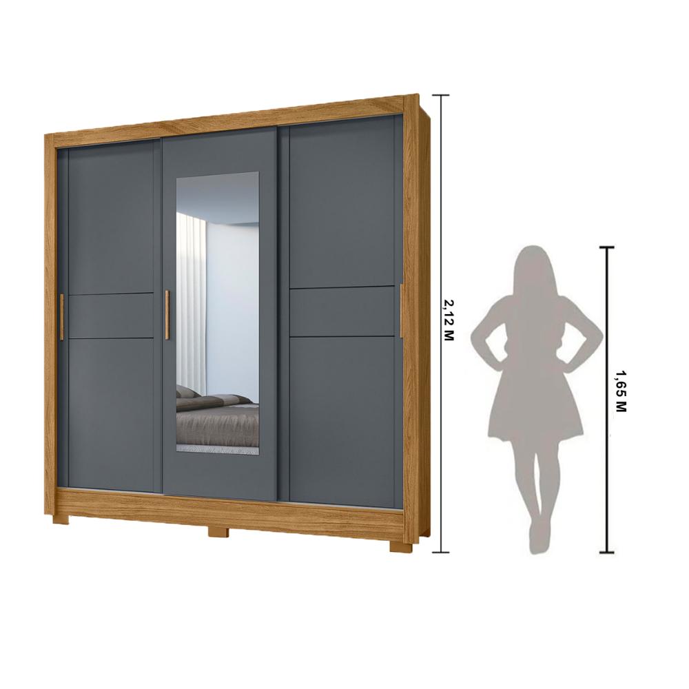 Guarda Roupa Casal 3 Portas Deslizantes com Espelho 2 Gavetas Bahamas - Freijo / Cinza