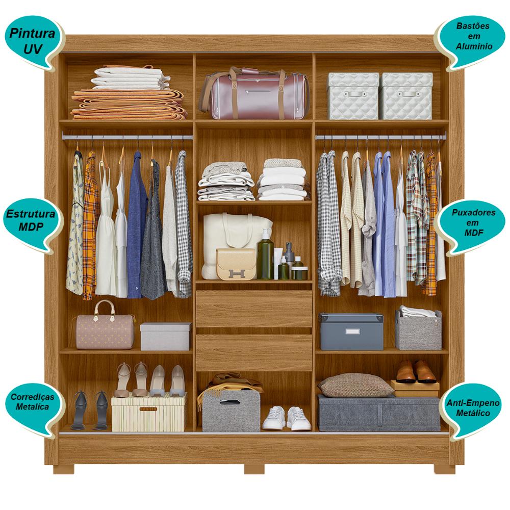 Guarda Roupa Casal 3 Portas Deslizantes com Espelho 2 Gavetas Bahamas - Freijo / Cinza