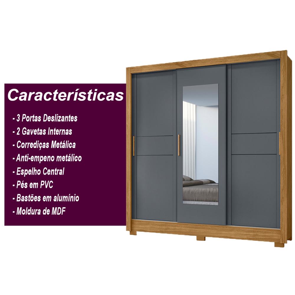 Guarda Roupa Casal 3 Portas Deslizantes com Espelho 2 Gavetas Bahamas - Freijo / Cinza