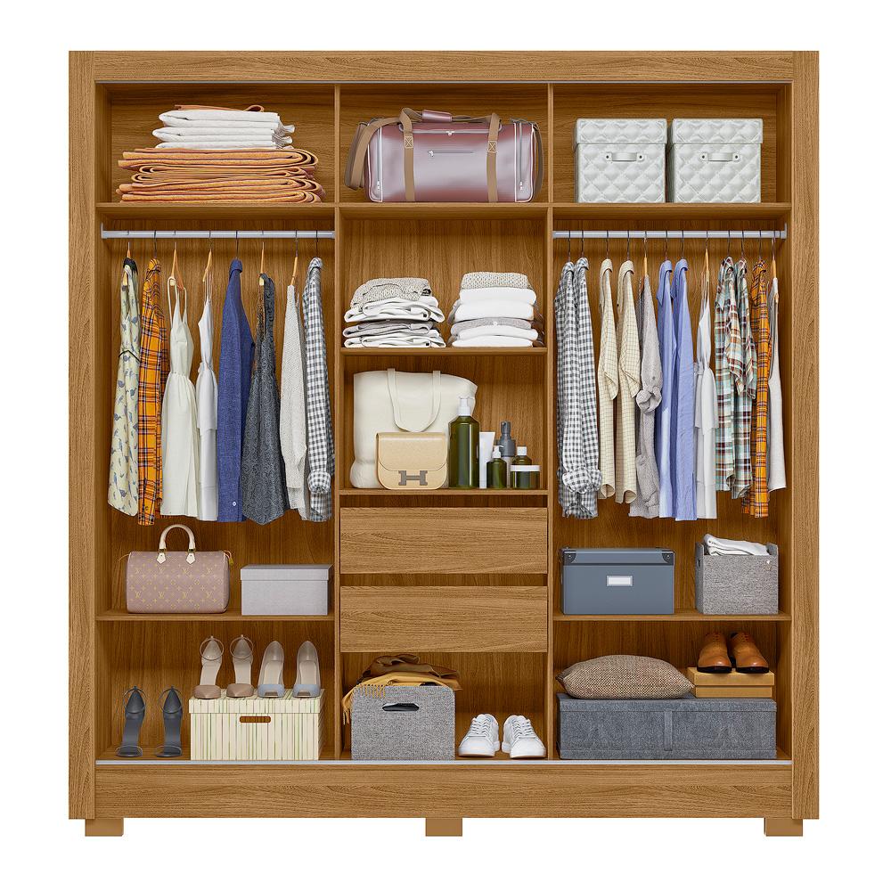 Guarda Roupa Casal 3 Portas Deslizantes com Espelho 2 Gavetas Bahamas - Freijo / Cinza