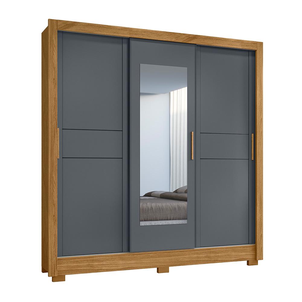 Guarda Roupa Casal 3 Portas Deslizantes com Espelho 2 Gavetas Bahamas - Freijo / Cinza