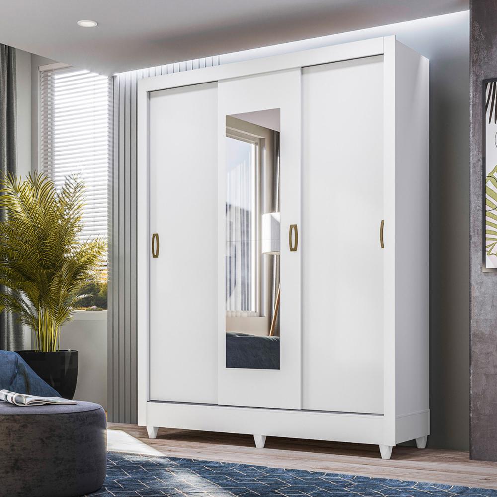 Guarda Roupa Casal 3 portas deslizante com espelho Branco Bolivia - Moval