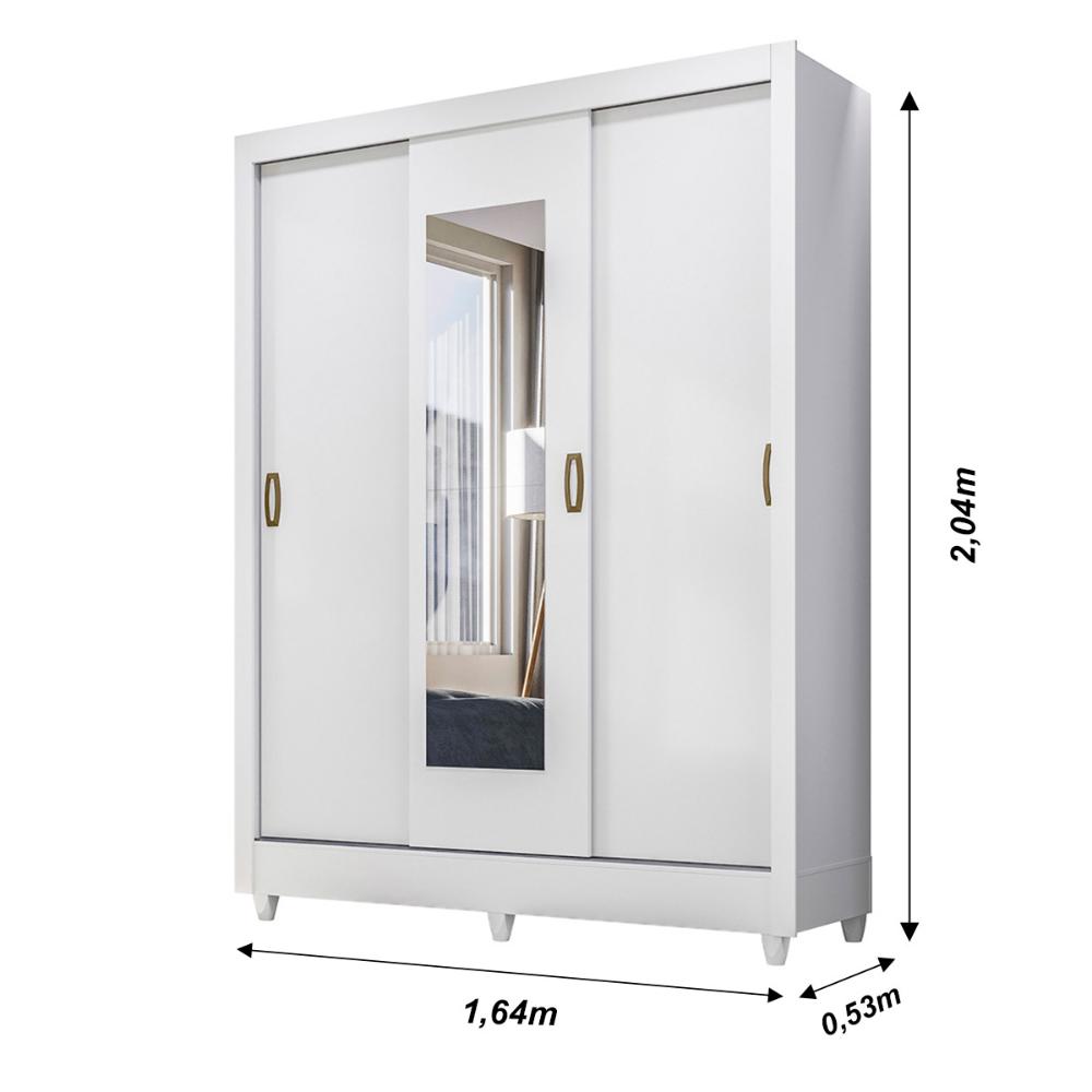 Guarda Roupa Casal 3 portas deslizante com espelho Branco Bolivia - Moval