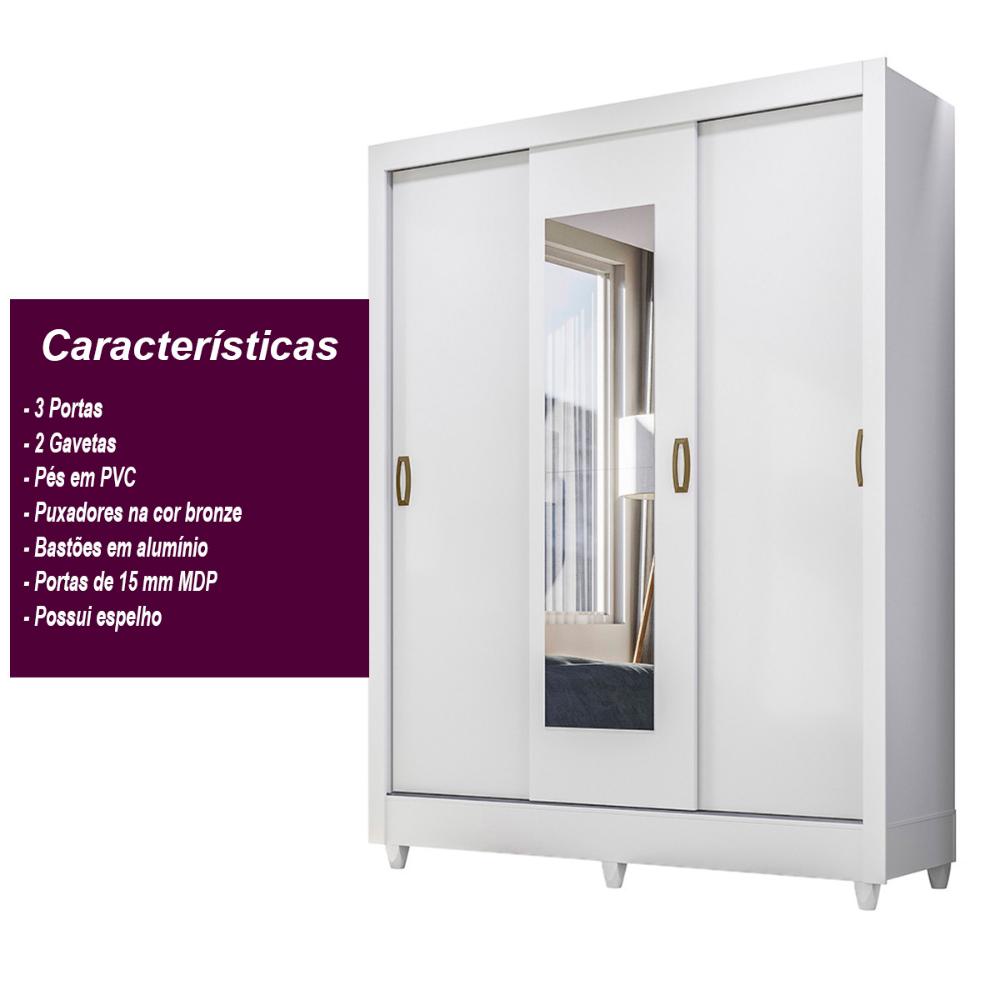 Guarda Roupa Casal 3 portas deslizante com espelho Branco Bolivia - Moval