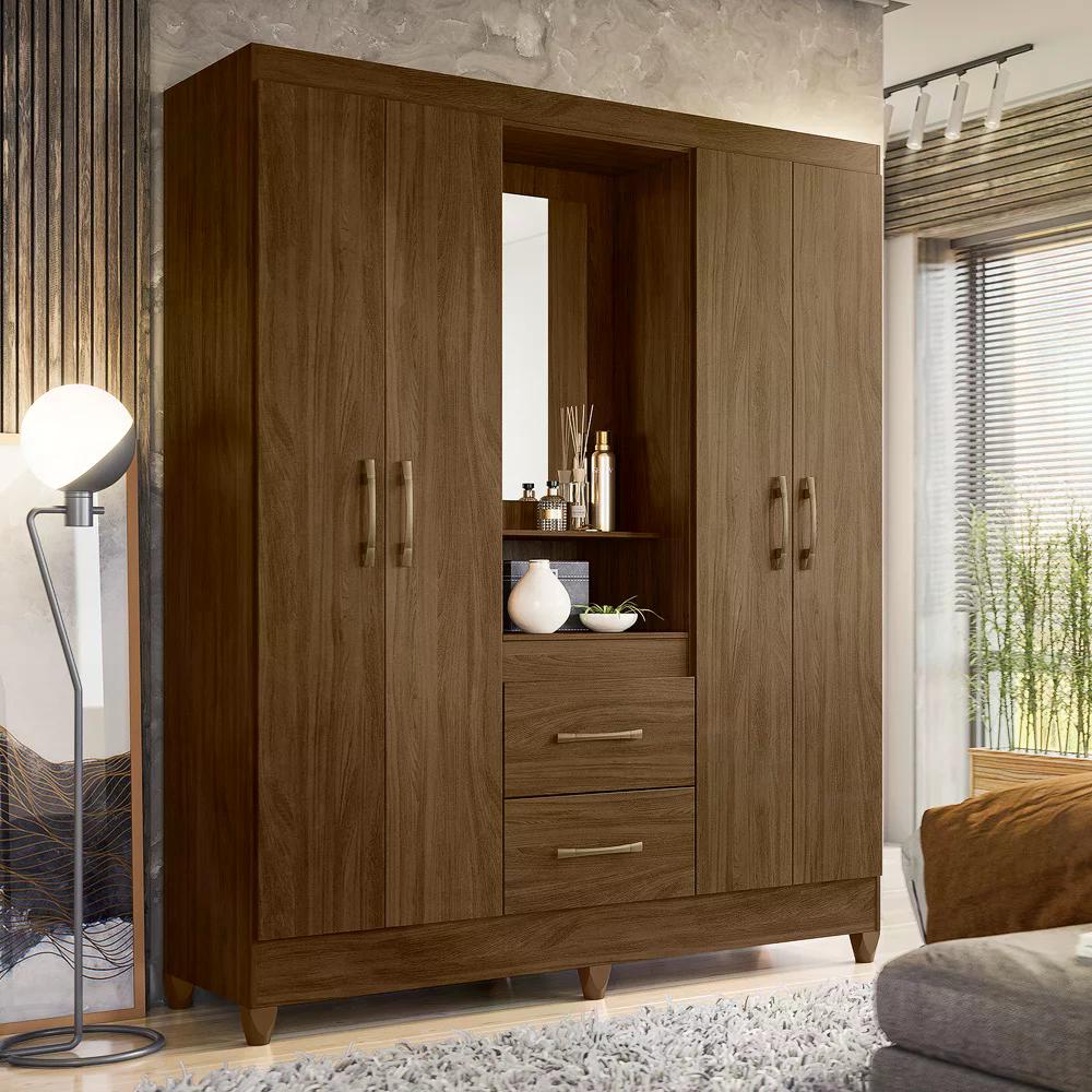 Guarda Roupa Casal 4 Portas 2 Gavetas Niteroi - Nogueira