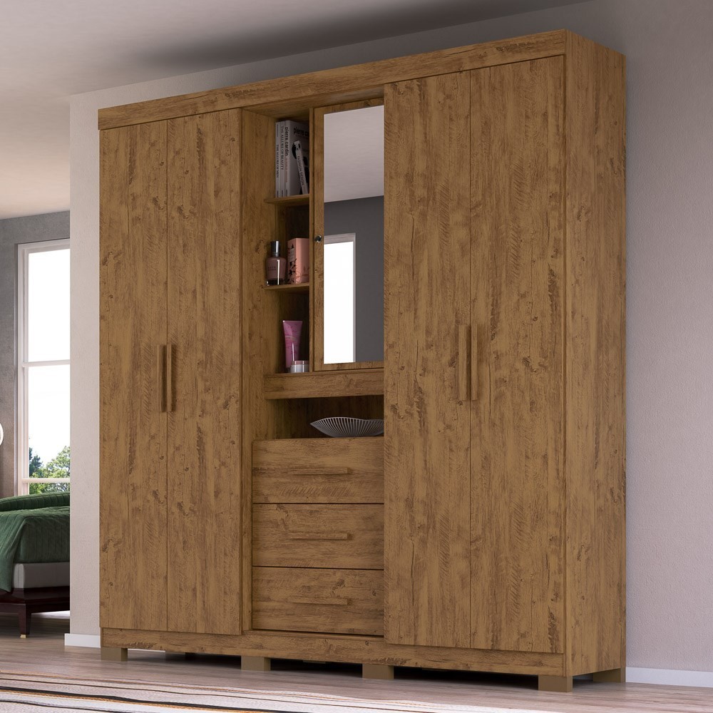 Guarda Roupa Casal 4 Portas e Espelho Eldorado Castanho Wood - Moval