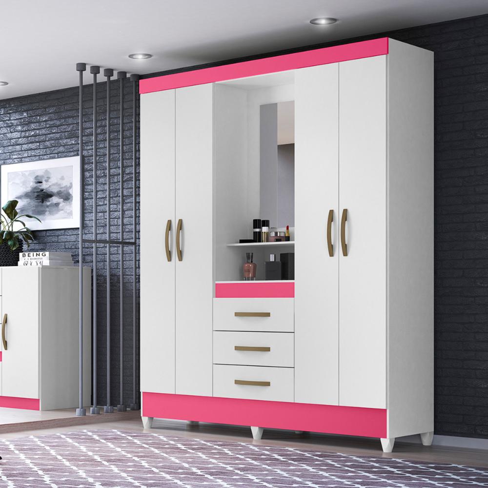 Guarda Roupa Casal 4 portas com espelho 3 gavetas Capri - Branco / Rosa