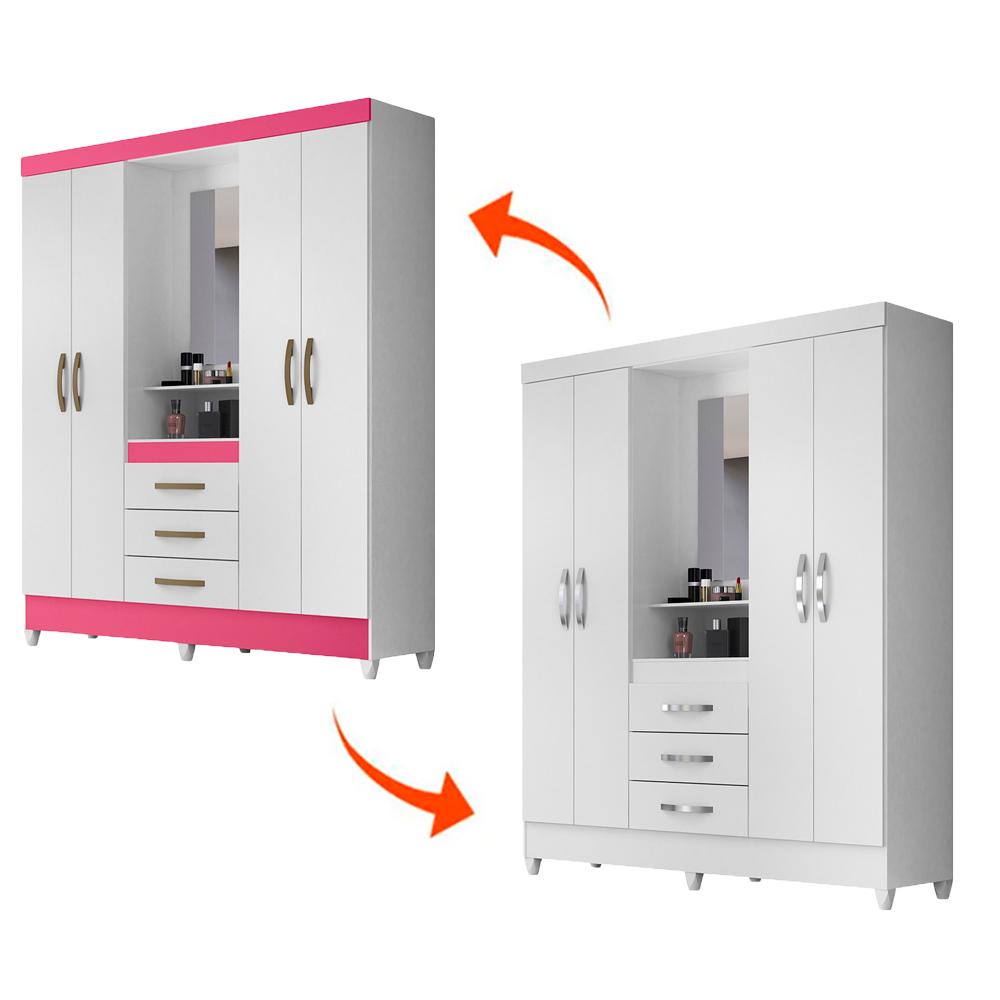 Guarda Roupa Casal 4 portas com espelho 3 gavetas Capri - Branco / Rosa